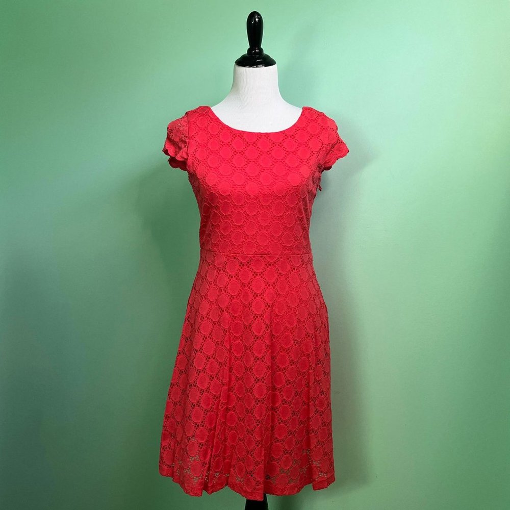 Coral Pink A-Line Knit Lace Medallion Cap Sleeve Dress